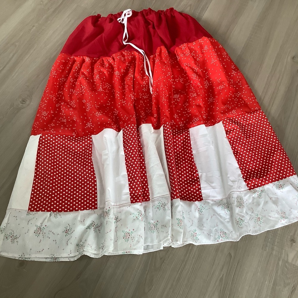 Red Patchwork Skirt Long Adjustable Drawstring Wa… - image 5